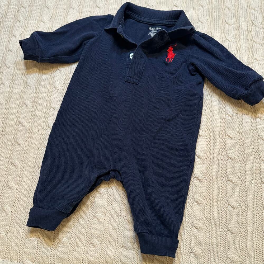Ralph Lauren Baby Boys Big Pony Cotton Mesh Polo coveralls sz 3m Navy Blue - Picture 3 of 8